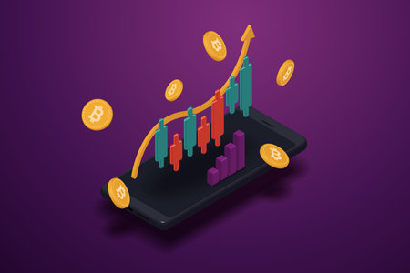 Investing in Bitcoin via Smartphone Mobile with Online Cryptocurrency Investments The growth of financial and stock indices. 3d Isometric vector illustration.のイラスト素材