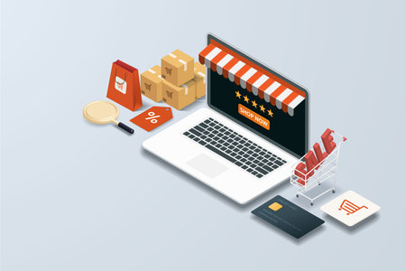 Online shopping via laptop, online store discount, paper bags parcel box, credit card and Sale 3d text on cart, on white gray background. 3d isometric vector illustrationのイラスト素材