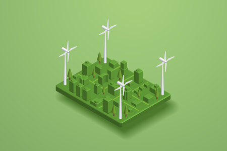 Green city generates electricity with wind turbines Clean energy and environmentally sustainable alternative energy green energy technology future city. 3d isometric vector illustration.のイラスト素材