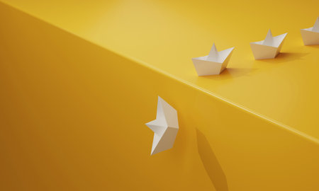 Unexpected problems business crisis situation. Paper boat sails fall a cliff on a yellow background. economic and financial crisis. 3d render illustration.の写真素材