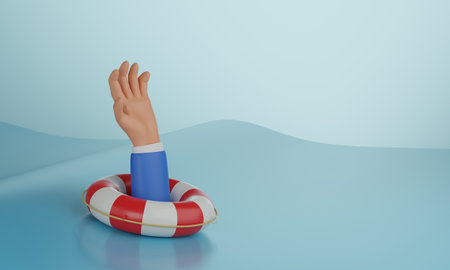 Drowning businessman receives a lifebuoy in his arm against the sea waves. business helper survival business helper survival. 3d render illustration.の写真素材