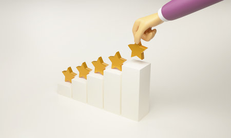 Businessman hands placing gold stars on top bar graph on white background. goal setting success satisfaction rating Service quality rating. 3d render illustration.の写真素材