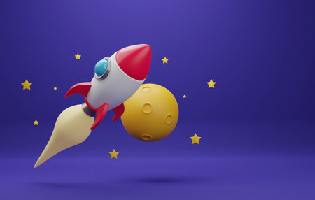 Spaceship rockets fly in space around the moon. starting a new business or launching a new project...