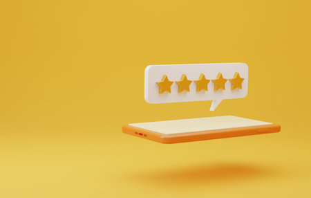 Smartphone with golden five-star icon on a yellow background. Customer satisfaction feedback positive user reviews for using the service or product. 3D render illustration.の写真素材