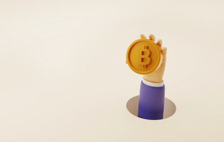 Trader's hand holds a golden bitcoin coin. raised from a hole on a white background. Risks of Investing in cryptocurrencies or crypto mining. 3d render illustration.の写真素材