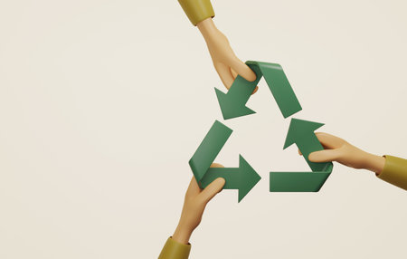 Three hands help assemble recycle icon on cream background. Collaboration in recycling reuse environmental care for the future environment. 3d render illustration.の写真素材