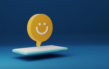 Send happy smiley face speech bubbles through your smartphone. Giving good words to each other or giving positive feedback satisfaction from good customer feedback reviews. 3D render illustration.の写真素材