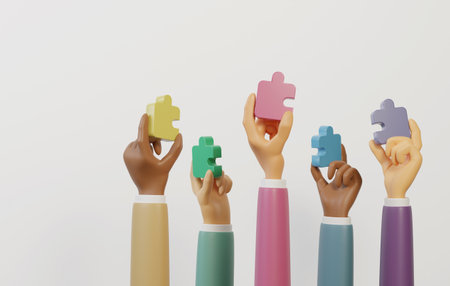 Group of business people holding puzzles on a white background. Cooperation or business partner teamwork working together Business help and support. 3D render illustration.の写真素材