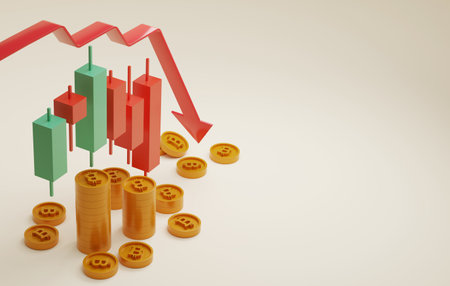 Arrow with red candlestick downward and bitcoin coin price decline market investment of...