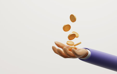 Businessman hands waiting to receive falling gold coins on a white background. Business income or...