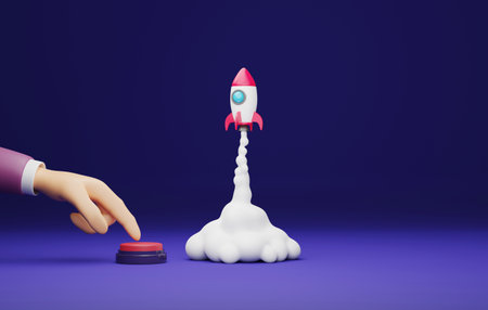 Businessman hand pressing start button red rocket launch purple background. Business start up idea...