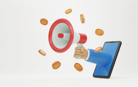 Hand hold megaphone coming out of smartphone screen and the coin floats out. Profit from marketing or online promotion social media. 3D render illustrationの写真素材