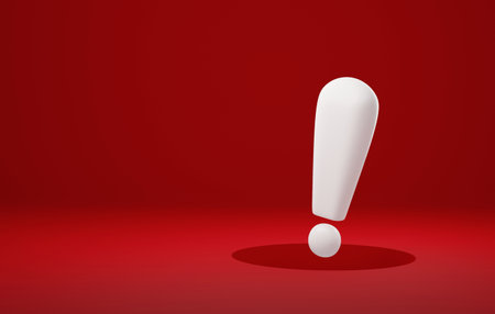 White urgent warning exclamation mark symbol over large hole on red background safety warning sign warning danger risk. 3D render illustration.の写真素材