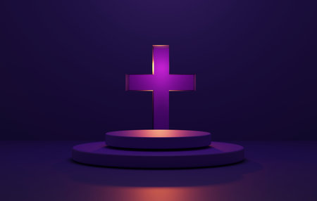 Circle purple pedestal and cross on abstract purple background Exhibition and advertising space happy halloween scene 3D render illustrationの写真素材