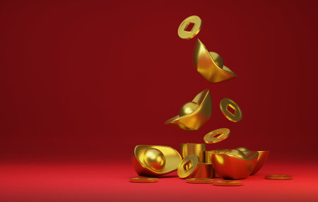 Gold ingots and ancient Chinese gold coins falling on the red background to celebrate the chinese new year festival. 3D render illustrationの写真素材