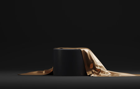 Round podium base with gold silk on luxury black abstract background exhibition space studio or cosmetics and advertising stage. 3D render illustrationの写真素材