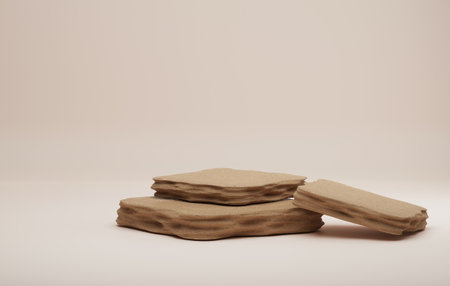 Broken stone plinth on abstract yellow cream background. exhibition area, studio or cosmetic and advertising stage. 3D render illustrationの写真素材