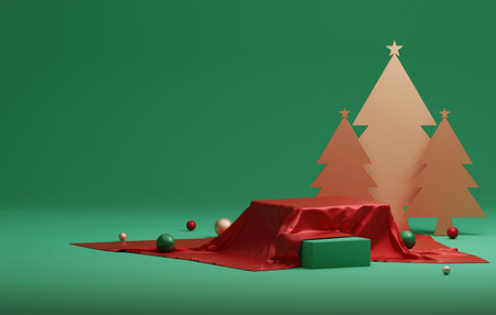 Square base covered with red silk and golden balls and red circle with tree for Christmas and New Year abstract green background advertising of products in the exhibition area. 3D render illustrationの写真素材