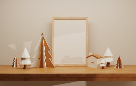 Natural wood table top with Christmas tree and natural light frame on creamy white wall for Christmas and New Year parties. 3D render illustrationの写真素材