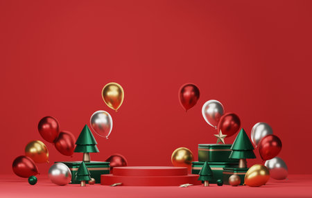 Round base podium decorated with gold, silver and red balloon gift boxes with trees for christmas and new year abstract background. Advertising of products in the exhibition area. 3D render illustrationの写真素材