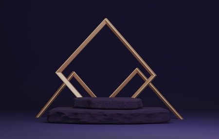 Dark purple broken stone base with large golden frame on dark purple background for stage. Cosmetic products and advertising space. 3D render illustrationの写真素材