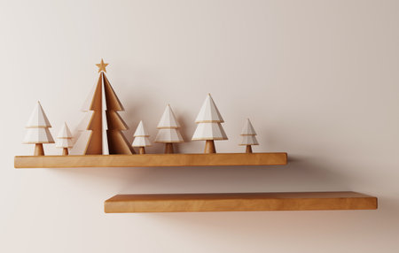 Christmas tree on a wooden shelf with natural light falling on Creamy white walls for Christmas and New Year parties. 3D render illustrationの写真素材