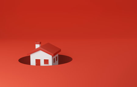 House sunk in the gap on red background. The real estate market is in a recession. Home prices fell in the real estate and real estate market crash. 3d render illustration.の写真素材