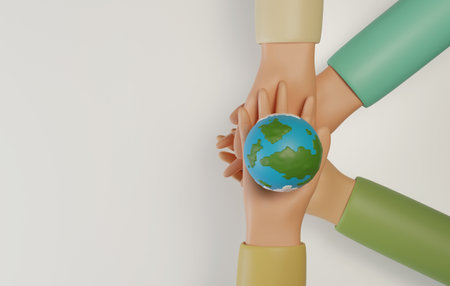 People's hands to support the world on white background. Concept of saving the environment helping...