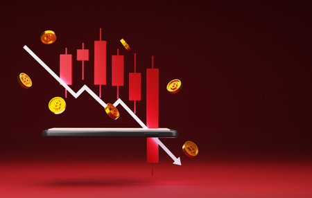 Arrow with red candlestick downward and bitcoin coin price on smartphones. decline market investment...