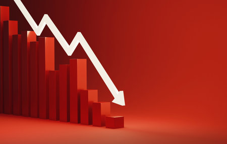 White arrow pointing down with declining bar graph on red background downward trend in investment recession financial crisis inflation. 3d render illustrationの写真素材