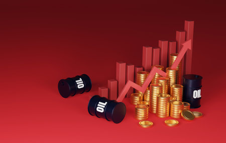 Rising oil price arrow chart The growth of crude oil from the high demand of the energy industry or gasoline, the energy crisis and the inflation crisis. 3D render illustration.の写真素材