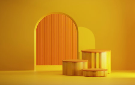 Round podium with geometric semicircular doors on yellow abstract background for exhibitions and advertisements show products. 3D render illustrationの写真素材