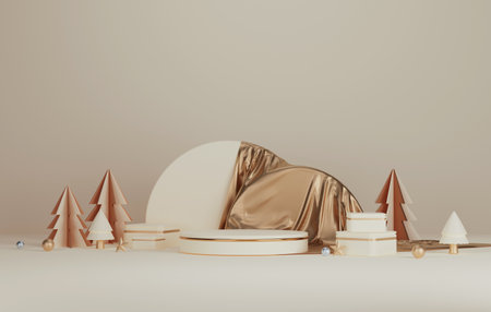 Circle base covered with gold silk and golden balls and red circle with tree for Christmas and New Year abstract cream background advertising of products in exhibition area. 3D render illustrationの写真素材