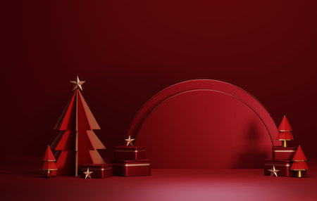 Round base podium, ball gold and red circle gift box with tree for christmas and new year abstract background. Exhibition area product presentation and advertisement. 3D render illustrationの写真素材