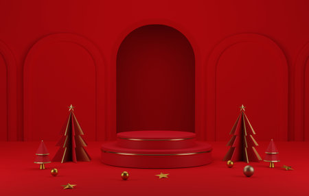 Gold edged podium and red christmas tree with gold edge elegant christmas and new year on red background. Abstract studio for displaying products and advertisements. 3D render illustrationの写真素材