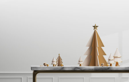 Gold edged marble table and white Christmas tree with christmas and New year gold border in white room background. Abstract studio for displaying products and advertisements. 3D render illustrationの写真素材