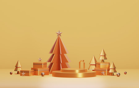 Gold edged podium and golden yellow christmas tree with edge elegant christmas and new year on golden yellow background. Abstract studio for displaying products and advertisements. 3D render illustrationの写真素材