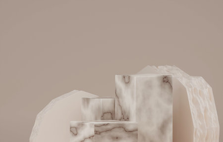 Marble square base with yellow cream cracked stone wall with jagged edges on abstract cream color background exhibition area, studio or stage for cosmetics and advertising. 3D render illustrationの写真素材