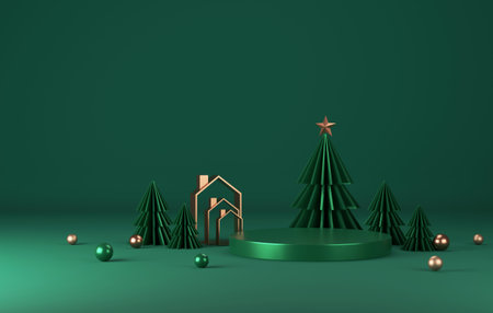 Gold edged podium and green christmas tree with gold edge elegant christmas and new year on green background. Abstract studio for displaying products and advertisements. 3D render illustrationの写真素材