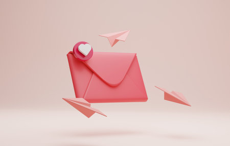 Envelope icon with unread message love and notification with paper plane on pink background Mailing by giving love email for valentines Day greeting. 3d render illustration.の写真素材