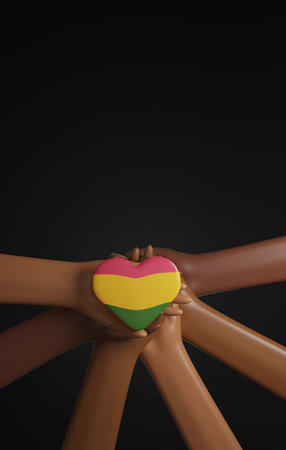 African flag colors heart symbol - red, yellow, green on hands. Black history month. Brown hands. African american. Equality sign. 3d render illustrationの写真素材