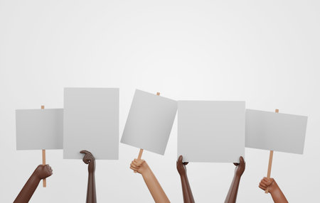 Group multiethnic people holding blank sign on white background. Rights activists anti racism marching, support equality discrimination. 3d render illustration.の写真素材
