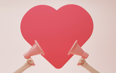 Big heart shape signboard with megaphone hand holding on pink background. Expressing Love on Valentine's Day and space for advertising text. 3D render illustration.の写真素材