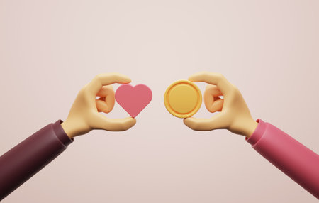 Hand holding coin and holding heart icon on pink background. Giving love and donations to help society, charity and help. 3D render illustration.の写真素材