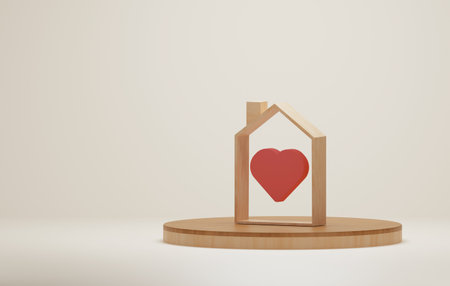 Wooden house with heart icon on wooden podium, family love home warmth and real estate investment. 3D render illustration.の写真素材