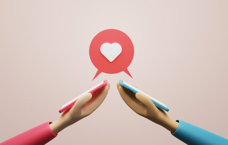 Mobile smartphone with speech bubble heart icon on pink background. post on social media social media for sending love messages to each other. 3d render illustrationの写真素材