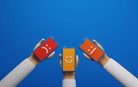 Customer satisfaction survey with happy face emoticons Excellent feedback on customer products and services. Face icon on smartphone blue background. 3D render illustrationの写真素材