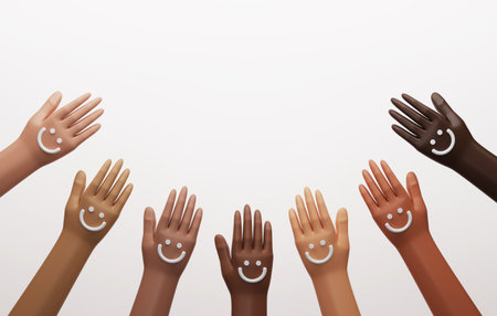 Smiling faces on hands of multiethnic people happy smile share happiness positive mind Satisfying experience mental health assessment. 3d render illustration.の写真素材