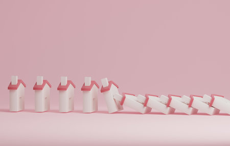 Houses falling like dominoes on pink background. Real estate market recession. House prices fell in real estate business. Real estate market slowed down. Housing market dropped. 3D render illustrationの写真素材