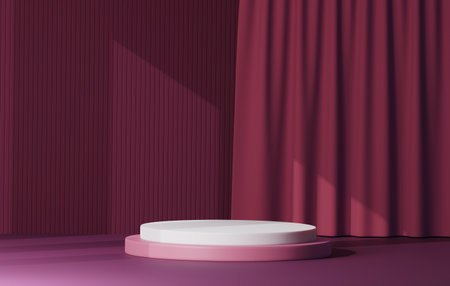 Podium dark pink on arched background and dark pink curtains for stage, cosmetic products and advertising space. 3D render illustrationの写真素材